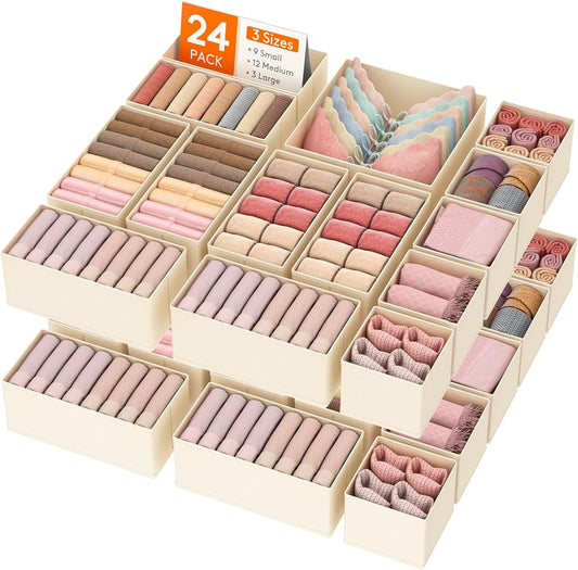 Lifewit 24 Pack Drawer Organizer, Dresser Underwear Drawer Organizer Bins, Foldable Fabric Closet Organizers, Storage Drawer Dividers, Dorm Room Essentials for Clothing, Socks, Towels, Ties Khaki