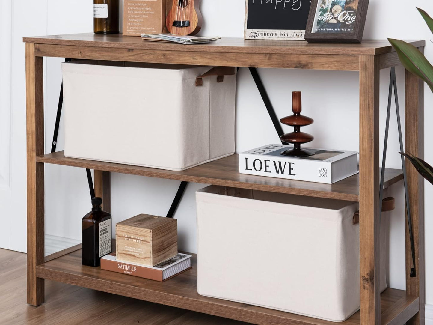 StorageWorks Storage Baskets for Shelves with Metal Frame, Organizing Bins, Fiber Shelf Baskets, Natural Color, 4-Pack