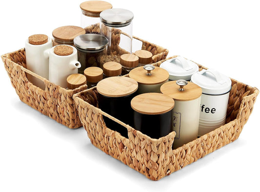 Water Hyacinth Wicker Basket 2 Pack With Handles - Pantry Storage and Organization, Handmade Large Natural Baskets for Organizing
