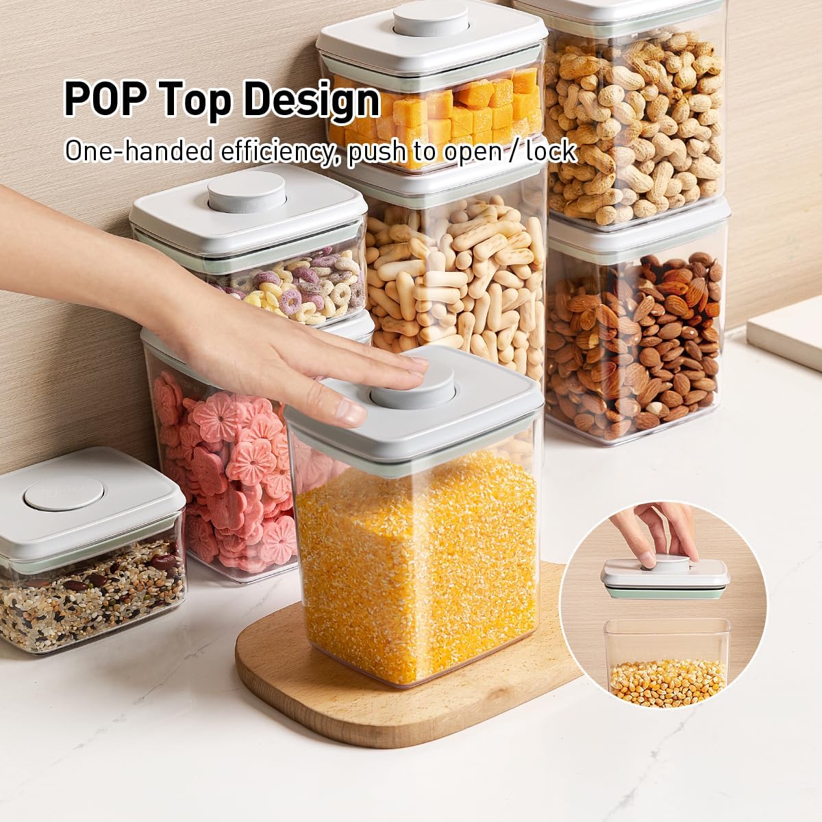 Pop Food Storage Containers Set, 6Pcs Airtight Containers with Lids for Kitchen Pantry Organizers and Storage,One Button Opening BPA-Free Food Containers for Cereal Flour Sugar(0.6, 1.3, 1.9Qt)*2