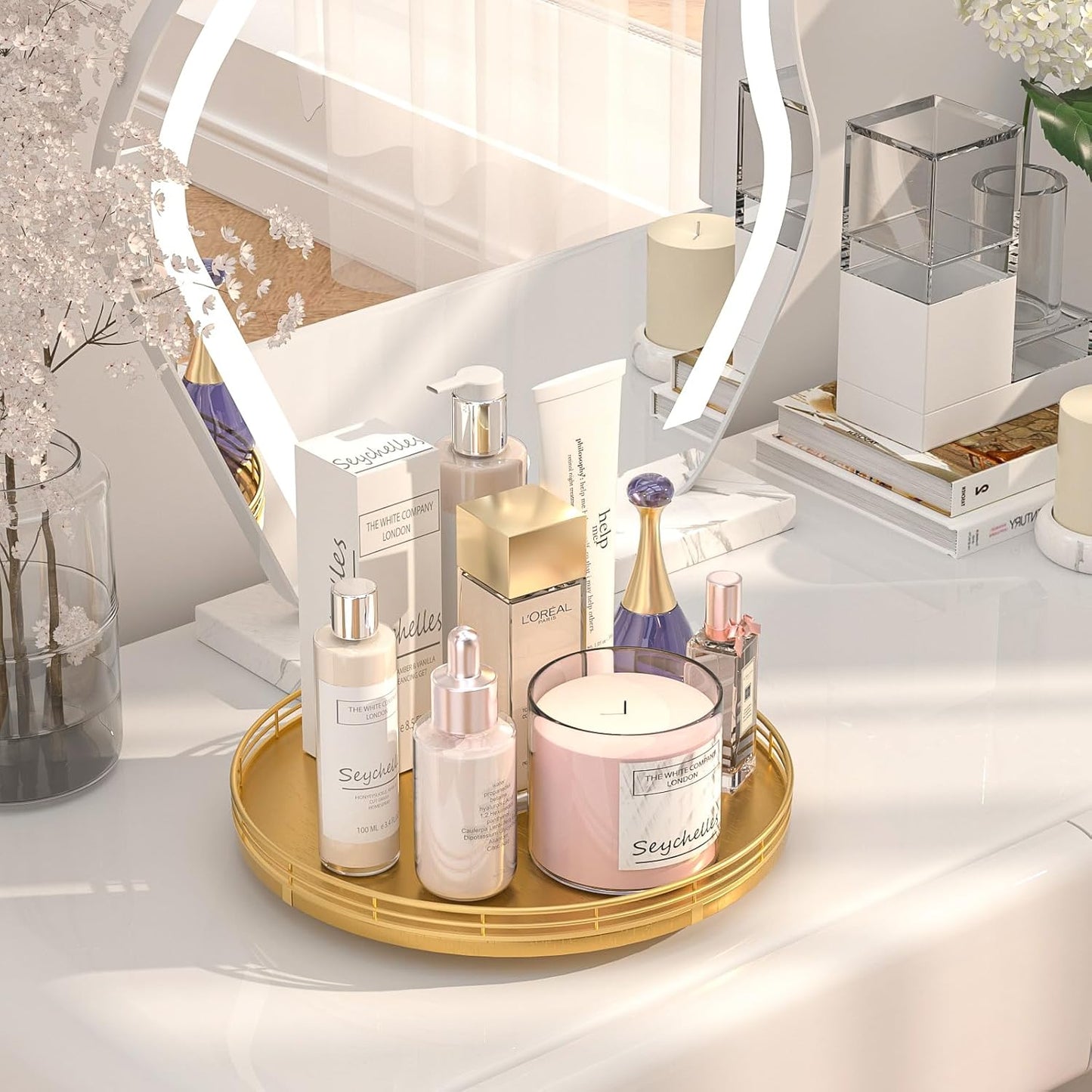 12" Gold Lazy Susan for Table Top, Oak Wood Lazy Susan Turntable Organizer for Dining Coffee Table Centerpiece Bar Decor Kitchen Countertop Bathroom Vanity Decorative Tray for Perfume Jewelry Round