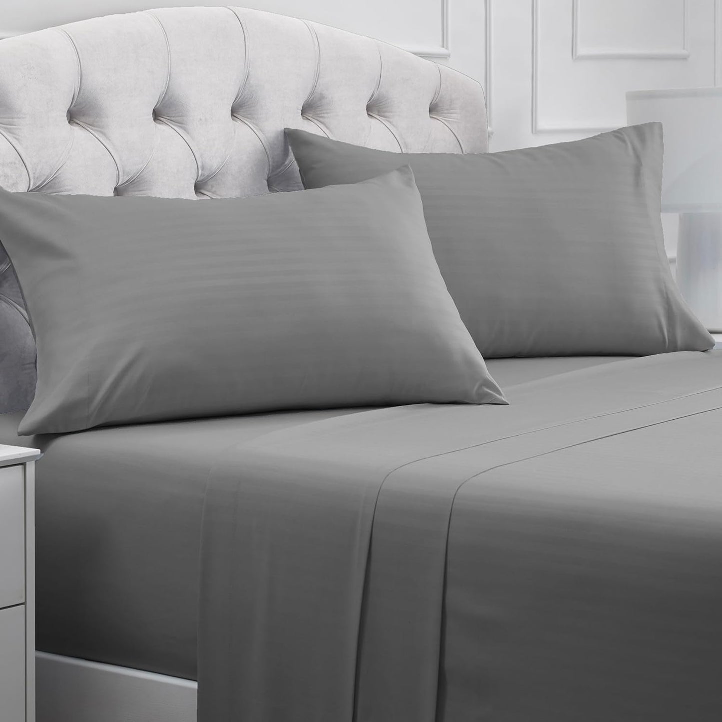 Mellanni California King Sheets Set - 4 PC Iconic Collection Bedding - Hotel Luxury, Extra Soft, Cooling Bed Sheets - Wrinkle, Fade, Stain Resistant (Cal King, Striped Gray/Silver)