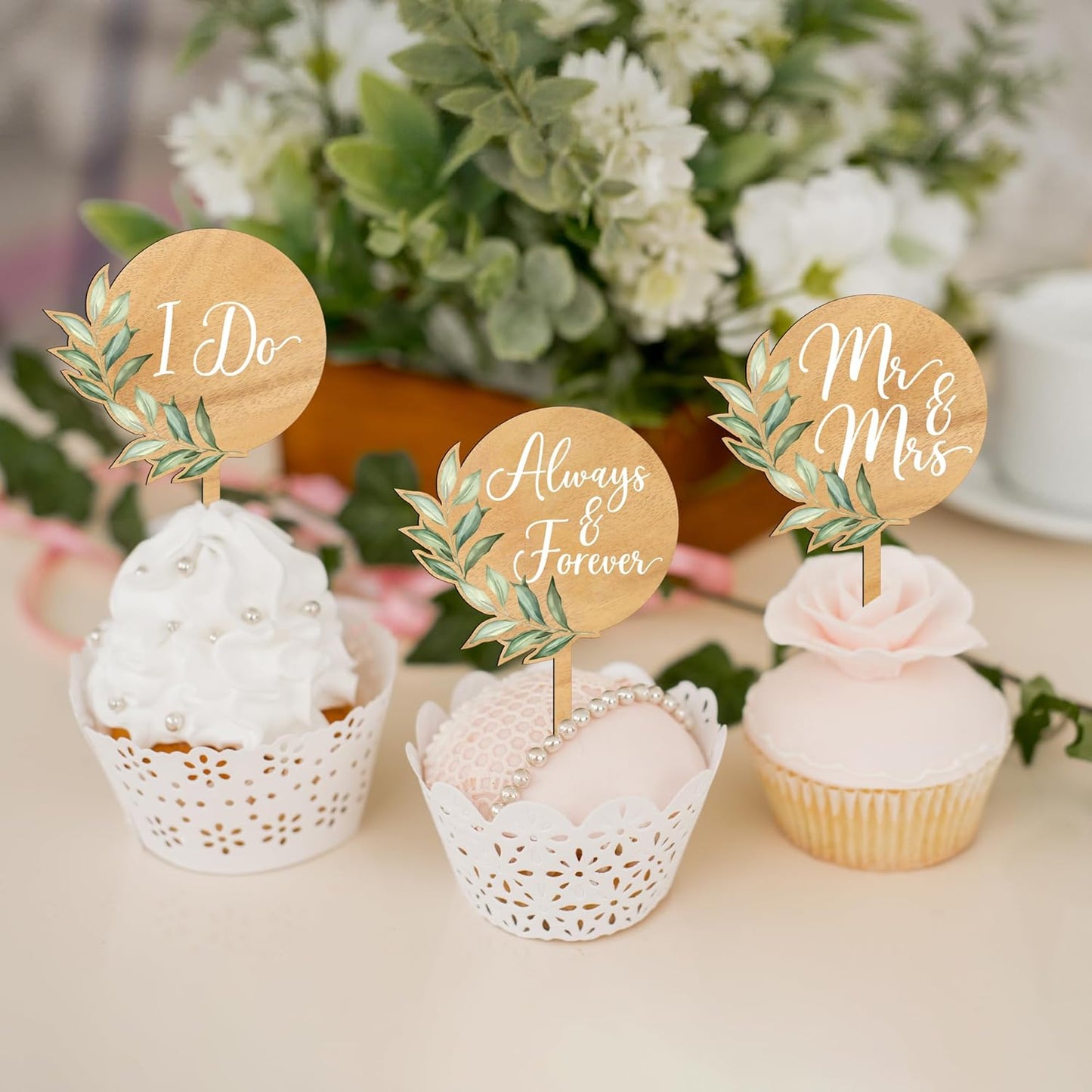 12 PCS Greeny Wedding Cupcake Toppers in Wood Mr & Mrs Engagement Cupcake Decorations