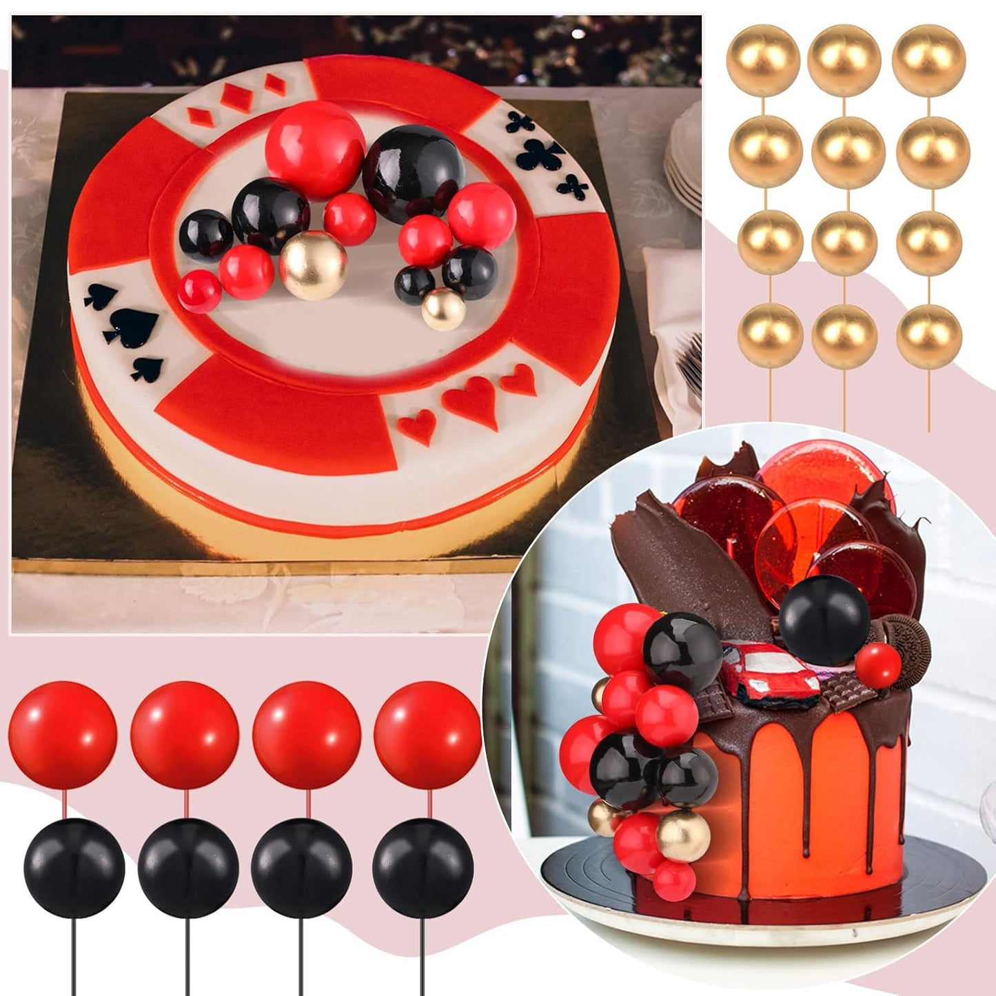 108 Pcs Balls Cake Topper DIY Cupcake Insert Foam Balloons for Cake Baking Wedding Anniversary Birthday Decoration(Red, Black, Gold,Multi Sizes)