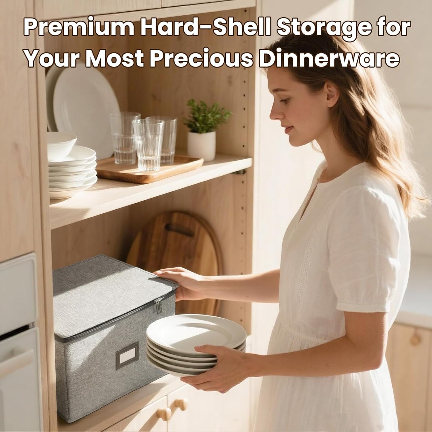 HOMELUX THEORY Plate Storage Box, 2pc 12"x8" Light Gray Hard Shell China Storage Containers, Kitchen Storage Bins With Lids, Heavy Duty Moving Box with Handles for Dishes, Dinner Plate & Dinnerware