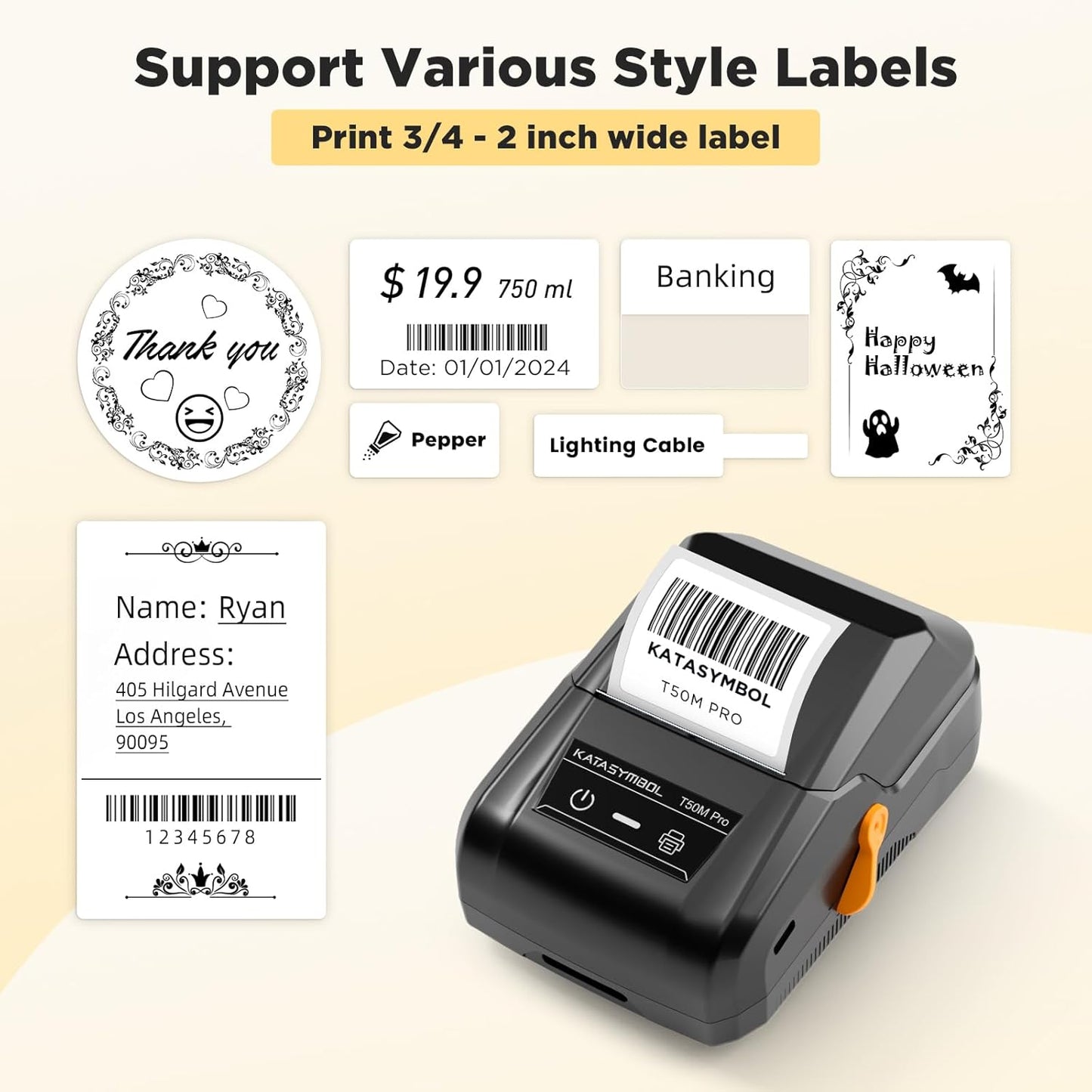SUPVAN T50M Pro Bluetooth Label Maker Machine with 4 Tapes, Wide Waterproof Label, Versatile App with 40 Fonts and 450+ Icons, Inkless Labeler for Home, Kitchen, School, Office Organization, Black