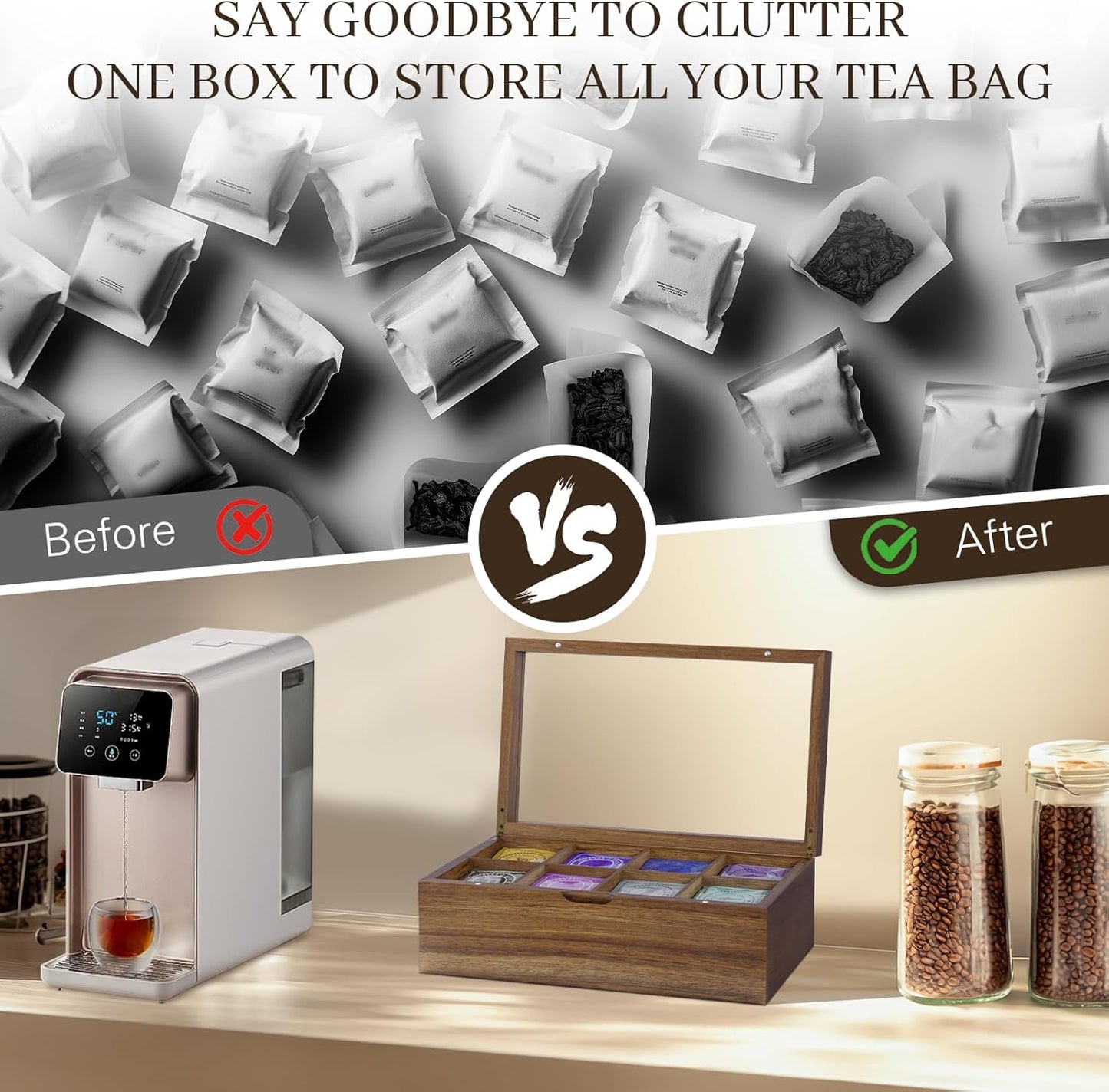 Acacia Wood Tea Bag Organizer, 8 Compartments Tea Box Organizer Storage Box, Teabag Holder Organizers with Clear Acrylic Window, Magnetic Lid and Removable Dividers