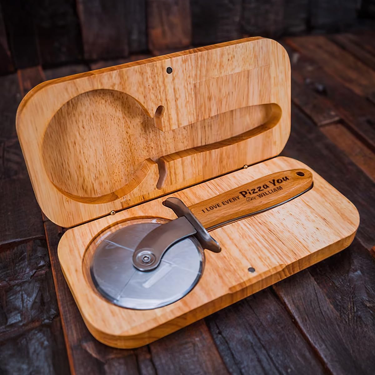 Pizza Cutter Wheel with Sharp Blade - Gifts for Men, Women, Gift for Husband, Birthday & Christmas Gift - Wooden Pizza Wheel Cutter (I Love Every Pizza You)