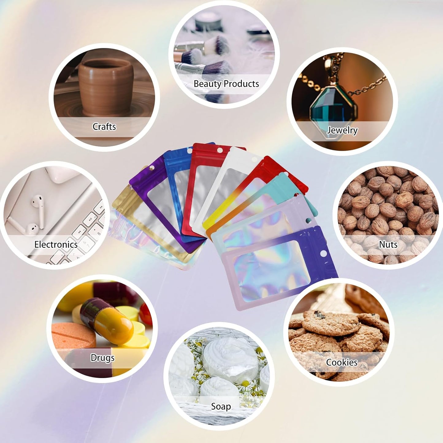 200 Pack Resealable Mylar Holographic Bags Food Storage Smell Proof Bags with Front Window Foil Packaging Pouch for Candy Sample Jewelry Small Business 4.72×7.87 Inch, Blue Fade Purple