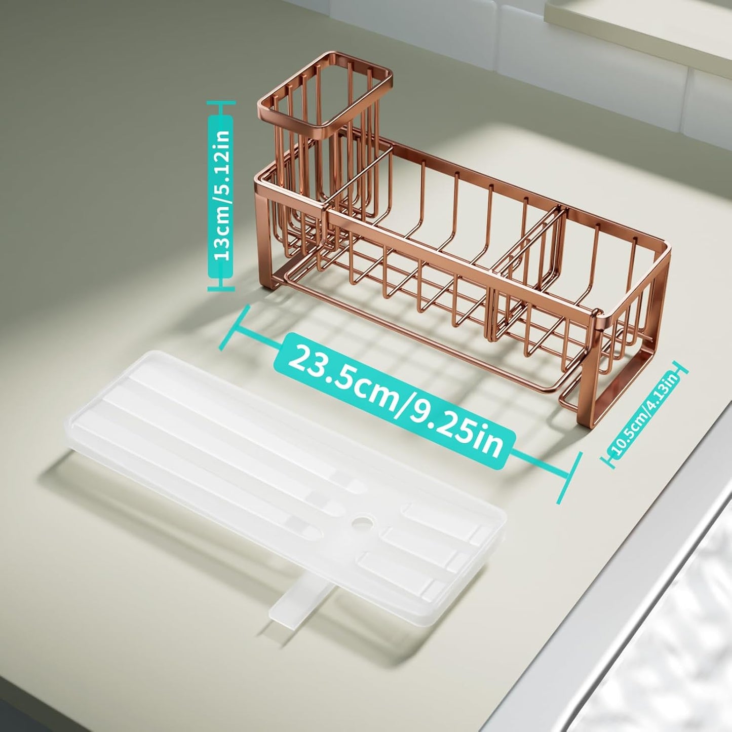 HapiRm Sponge Holder for Kitchen Sink - Self-draining Sink Caddy with Brush and Dishcloth Holders, Stainless Steel Kitchen Organizer for Countertop - Rose Gold