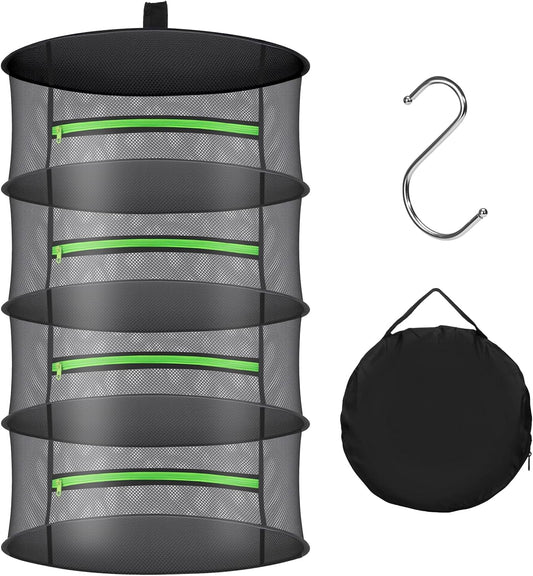 Herb Drying Rack with Mesh Design - Hanging Herb Dryer with Green Zipper for Garden, Home, Indoor or Outdoor Use (4layer)