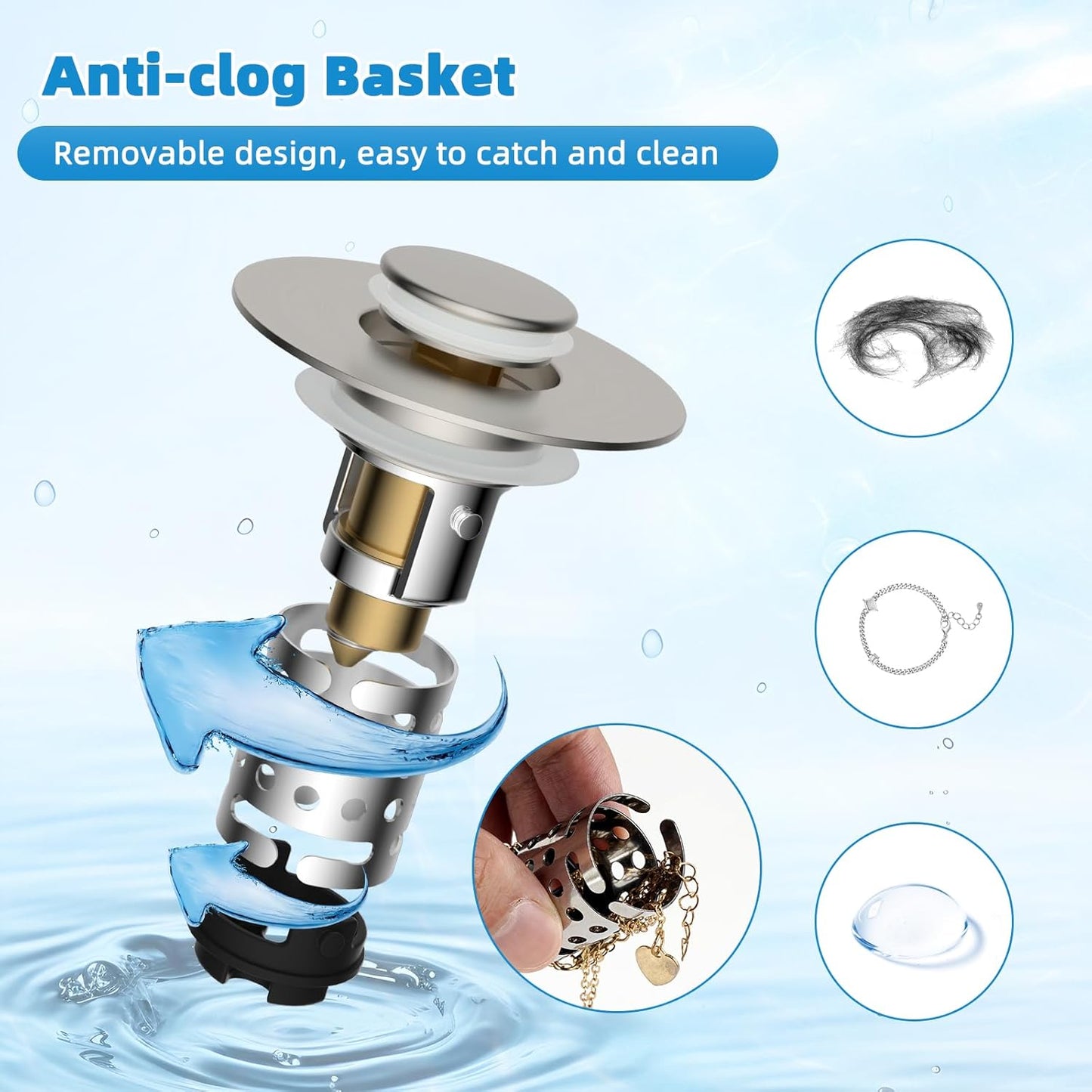 Universal Bathroom Sink Stopper Hair Catcher Upgraded with 2-Layer Detachable Filter Basket, 4 in 1 Pop Up Drain Strainer, Anti-Clog, Odor-Block, Fit for 1.1''~2.36'' Sinks, Brushed Nickel