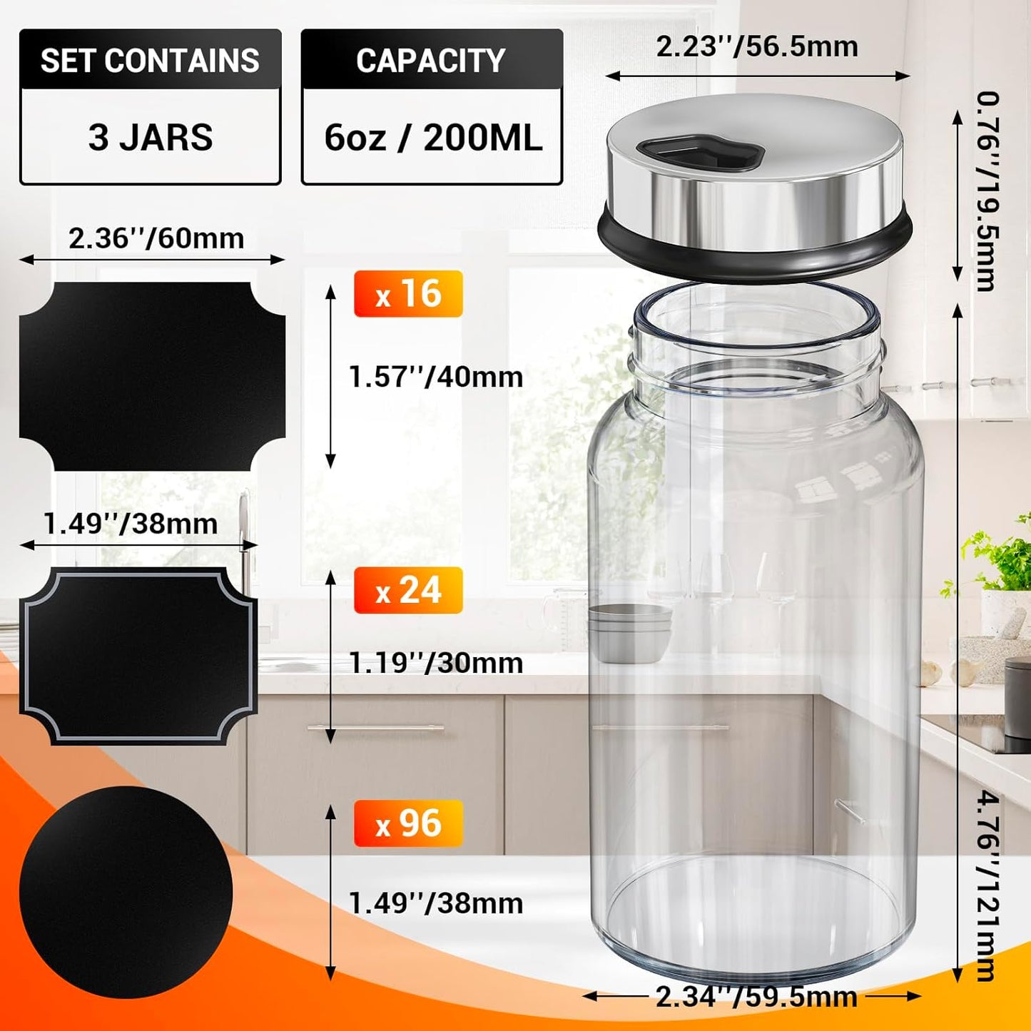 Segarty Spice Jars Set, 3 Pack 6 oz Glass Spice Jar with Labels, Seasoning Bottles Set with 136 Blank Stickers, 1 Chalk Marker, 1 Brush, Salt and Pepper Shakers with Ajustable Holes Lids