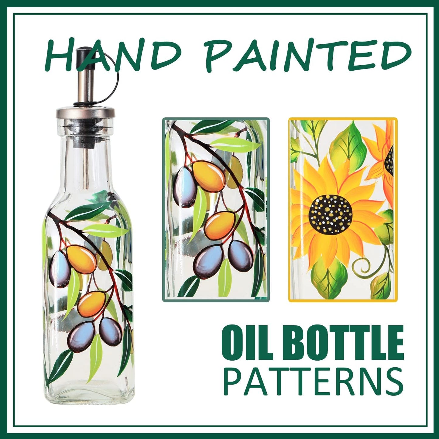7oz Hand Painted Glass Olive Oil Bottle Dispenser - 200ml Green Oil & Vinegar Cruet with Pourers - Olive Oil Carafe Decanter for Kitchen