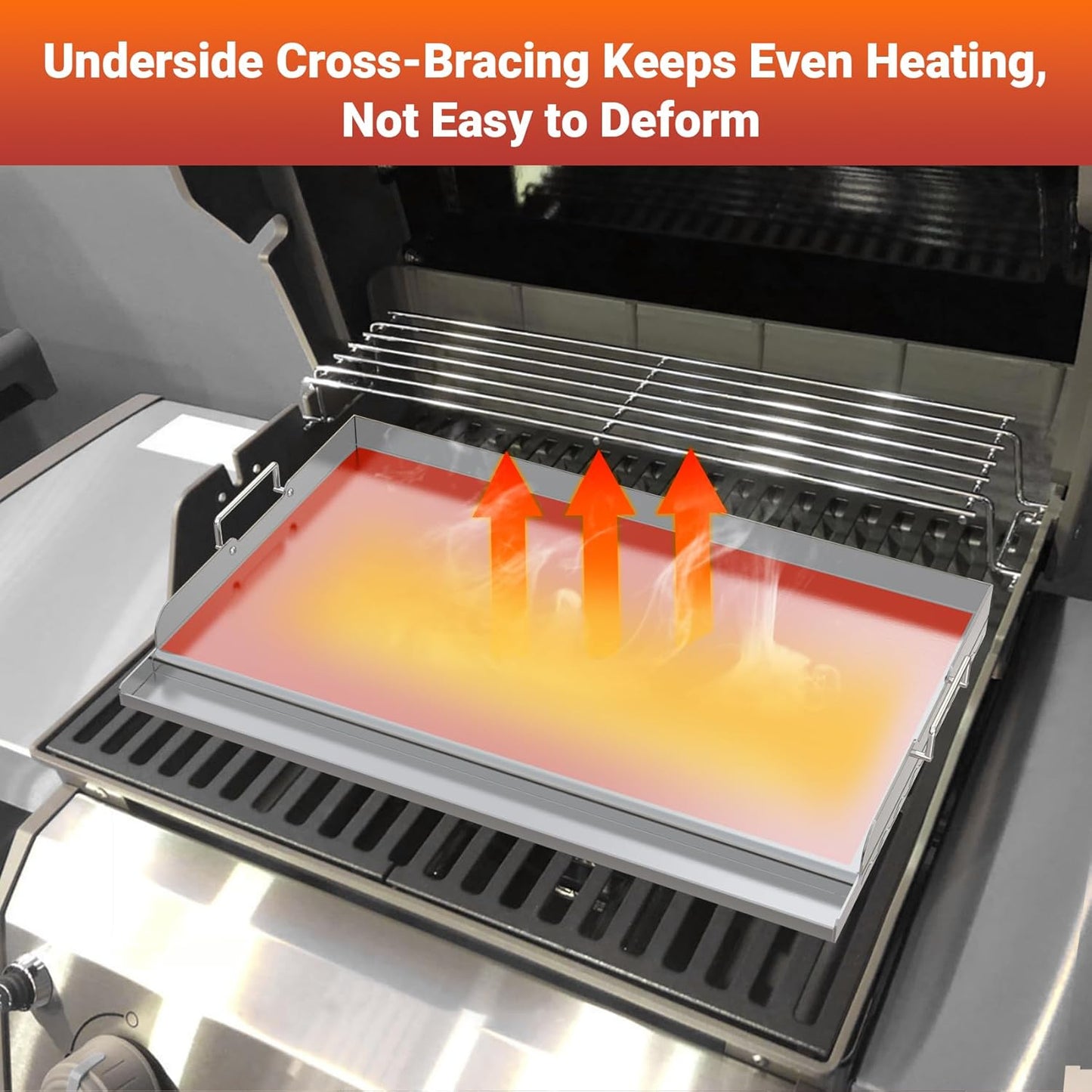 Skyflame 25"x16" Stainless Steel Griddle Plate for BBQ, Hibachi, Flat Top Grill with Even Heating, Grease Groove, Foldable Handles, Ideal for Charcoal/Gas Grills, Camping, Tailgating, Outdoor Cooking