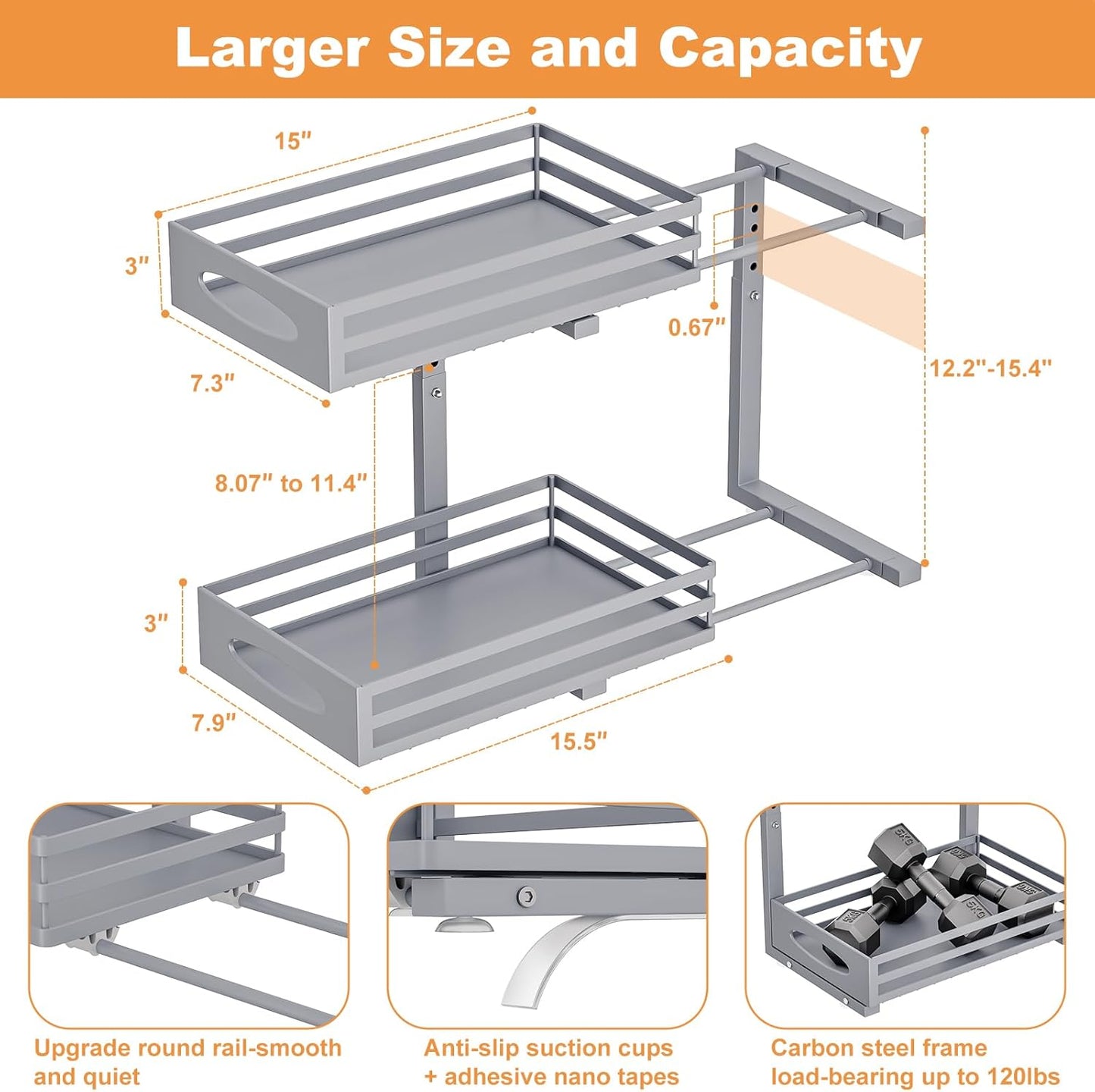 Under Sink Organizer, 2 Tier Under Sink Organizers and Storage, Adjustable Height, Slide Out Metal Cabinet Organizers, Pull Out Cabinet Storage Drawer Shelf for Kitchen Bathroom Gray, 2 Pack