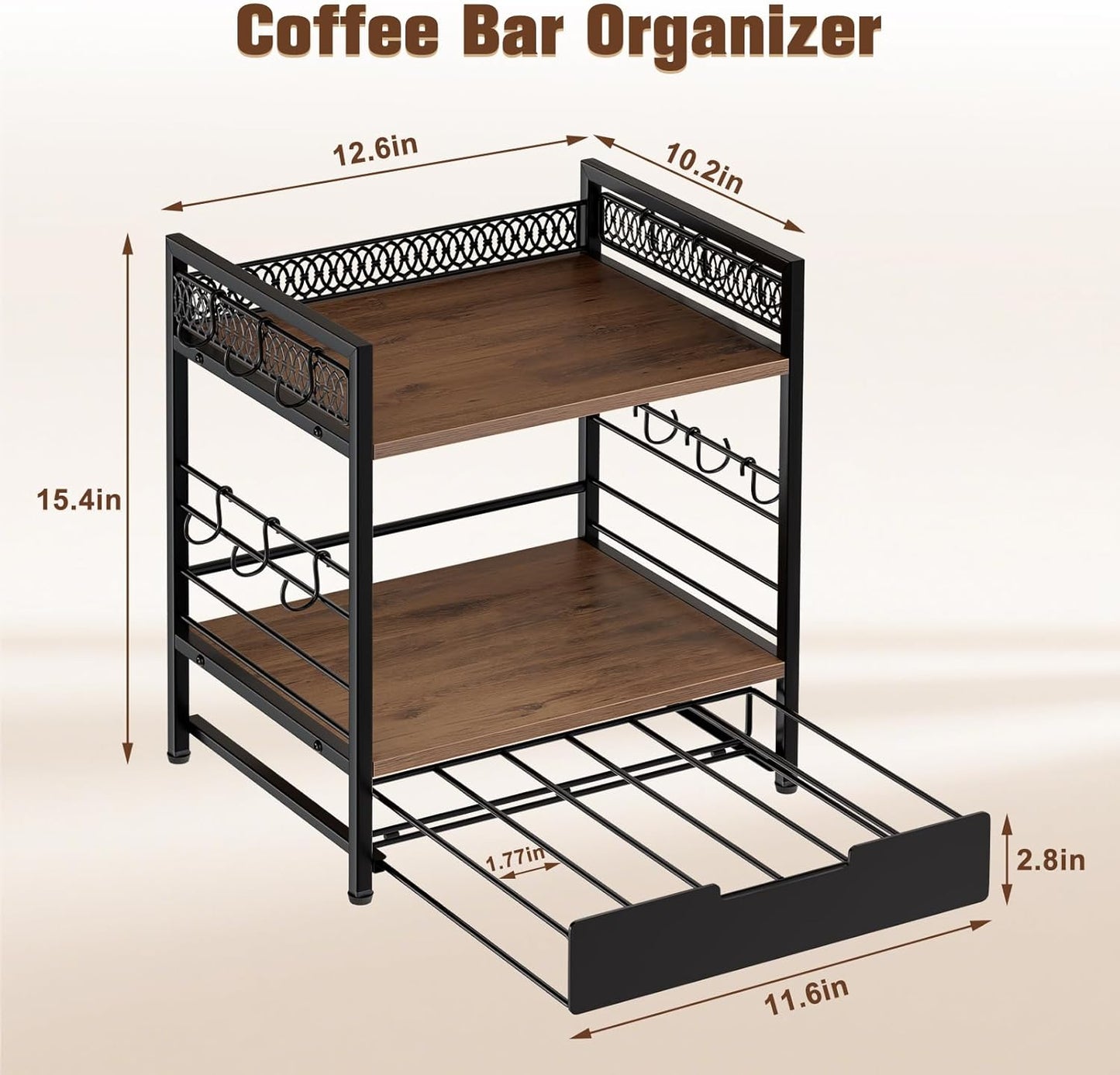 Coffee Bar Organizer, 3 Tier Coffee Station Organizer for Countertop, 30 K Cup Pod Drawer, Mug Cup Holder Stand With 12 Hooks, Multifunctional K Pods Shelf Storage Holder Drawer