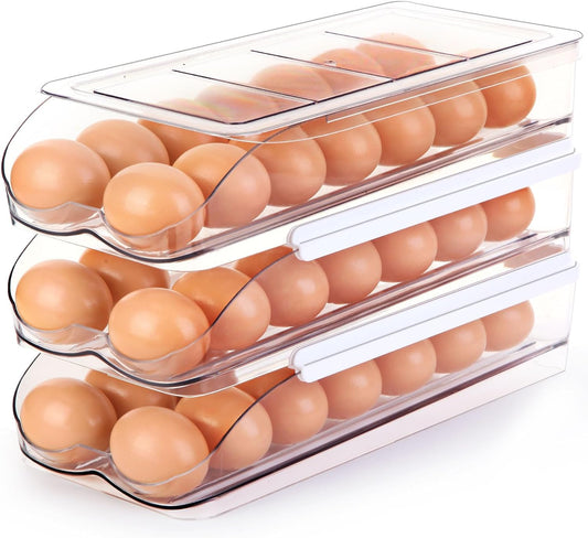 Egg Holder for Fridge, Automatically Rolling Egg Container for Refrigerator, Clear Plastic Fridge Organizers and Storage with Lid, Stackable Egg Dispenser & Tray (3 Tier)