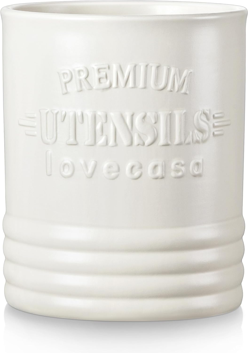 LOVECASA Vintage Utensil Holder for Kitchen Countertop, 7.2” Large Ceramic Utensil Crock for Home Décor, Farmhouse Utensil Vase for Housewarming, Wedding, Birthday Gift - Cream White