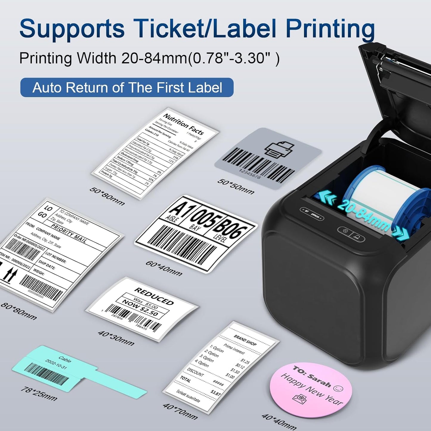 CLABEL Desk Bluetooth Barcode Label Printer: Label Maker with Direct Thermal Printing, 3 Inch Print Width for Barcodes Address Shipping Warehouse with 1 Roll Label (3 Inch Soot)