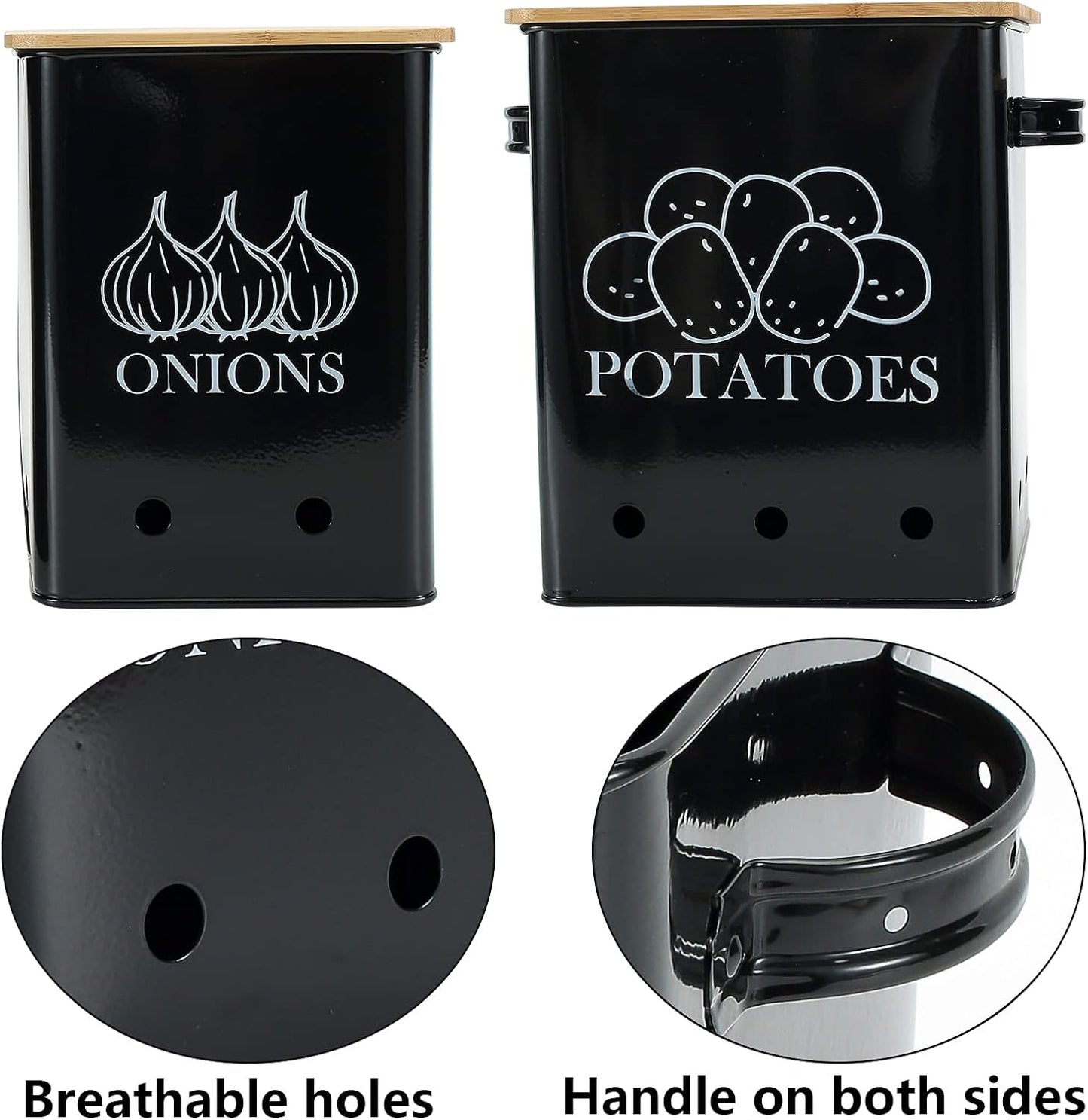Kitchen Vegetable Storage Tins Set of 2 for Potatoes, Onion, with wooden lid Garlic Bin Caddy, Long Shelf Life-Black