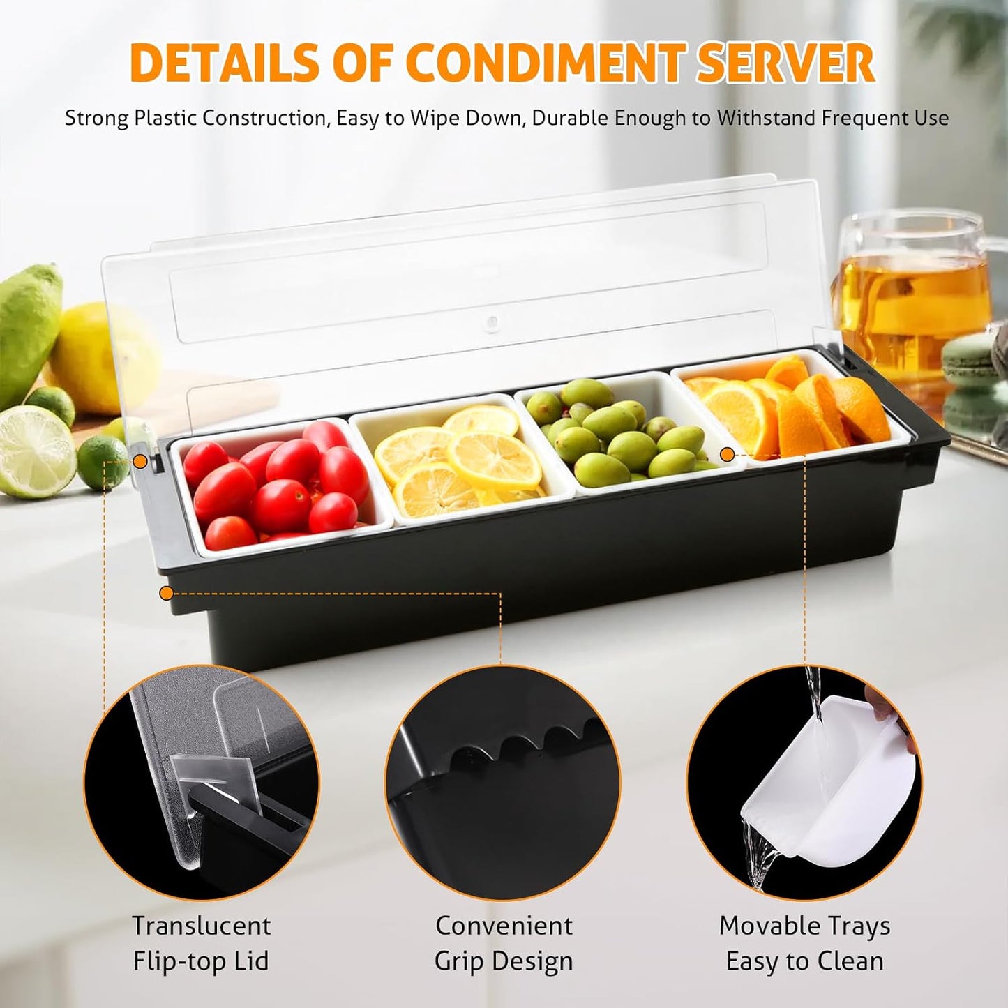 WICHEMI Fruit, Veggie & Condiment Caddy with Lid Dispenser Tray Garnish Station for Bartending & Serving Taco, Ice Cream, Salad Bar - Topping Organizer for Restaurant Supplies (4 Compartment, 2 Pack)