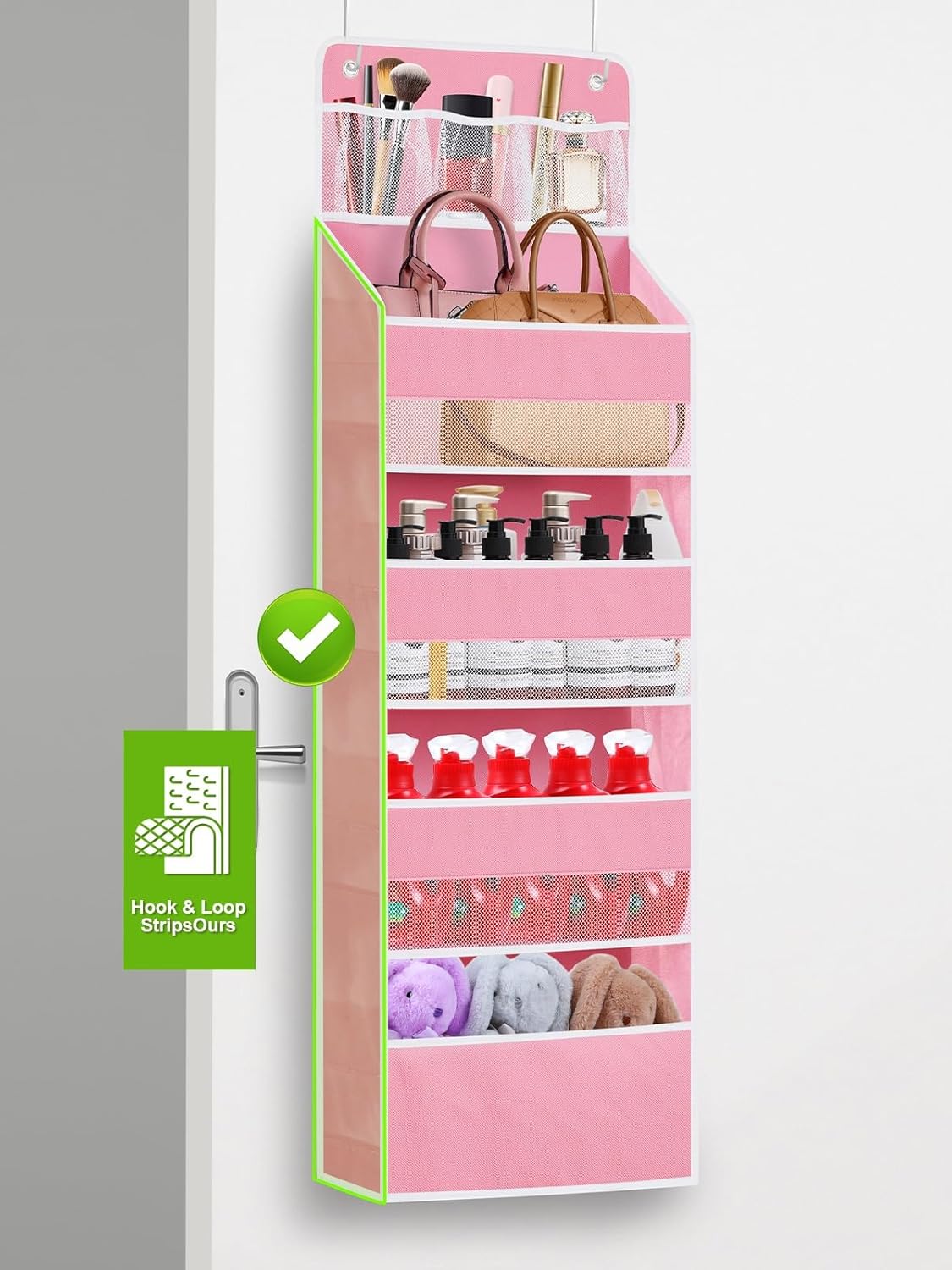 2 Pack Over The Door Organizer, Hanging Storage Organization with Large Capacity Pockets, Swing-Proof Behind Door Storage Shelf for Kicthen Bedroom Nursery Kids Toys Shoes,Pink