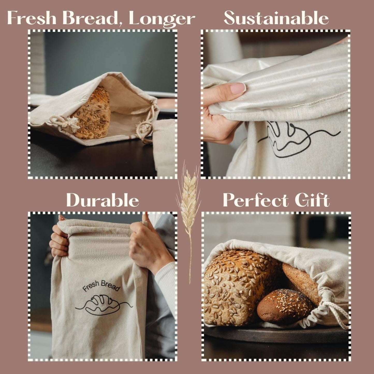 Simply H&K Reusable Linen Bread Bags for Homemade Bread [Pack of 3] - 12" x 15" - with Inner Lining - Sourdough Bags, Baking Gifts, & Baking Supplies for Home Bakers