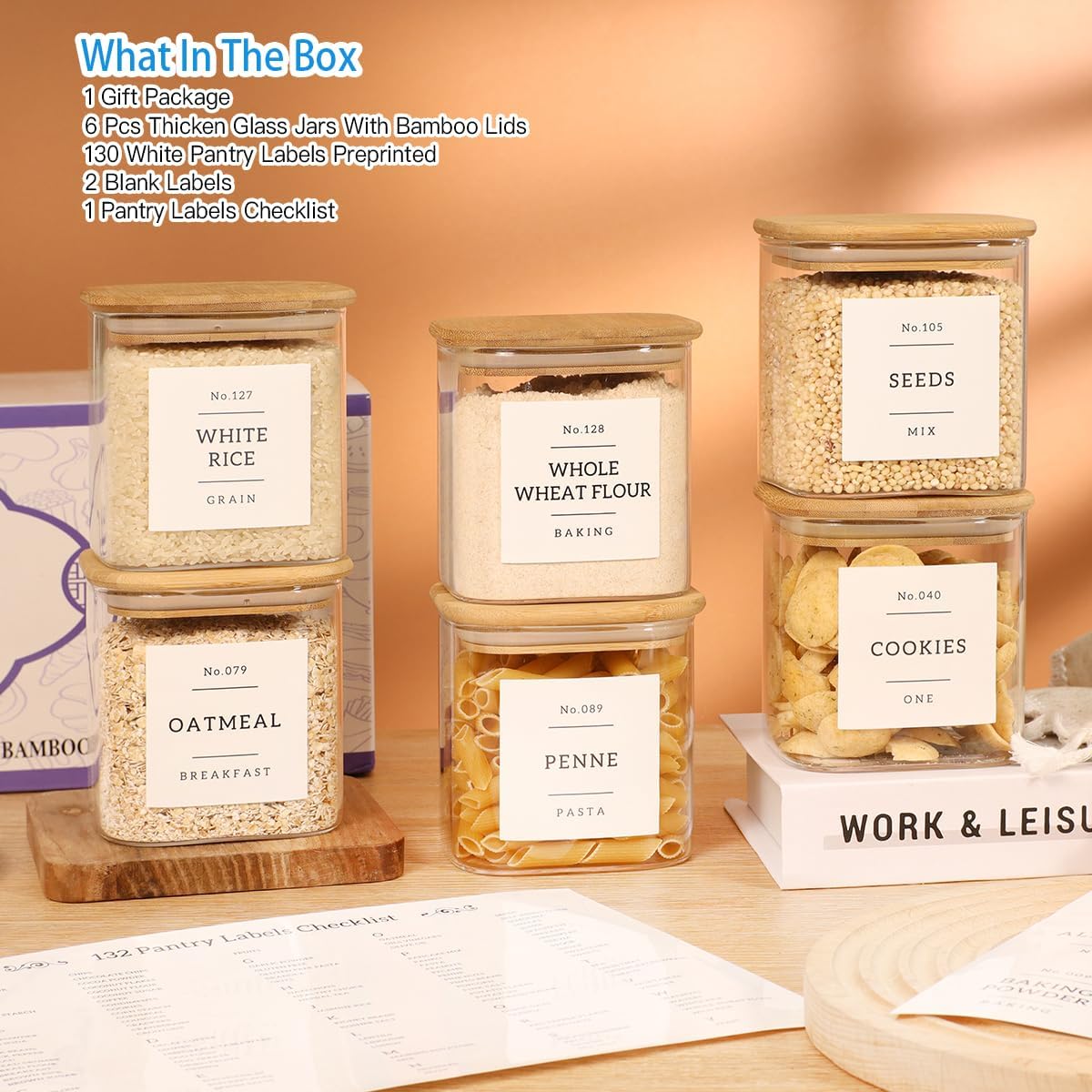 6 Pack Square Glass Pantry Storage Containers with 132 Kitchen Food Pantry Labels - 24 floz Clear Glass Pantry Jars with Airtight Wood Bamboo Lids - Glass Canisters for Sugar, Cereal, Coffee, Spice