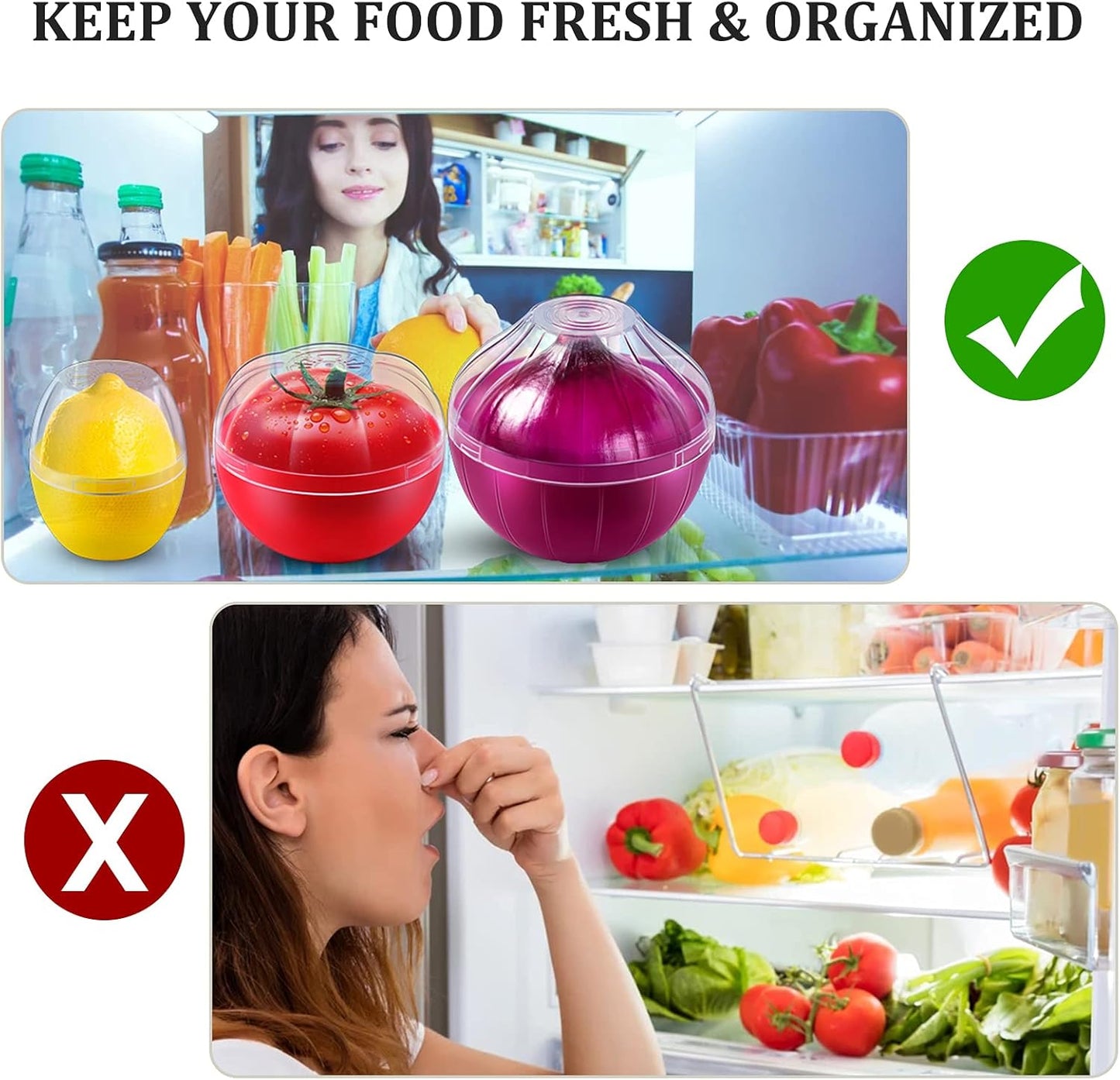 Vegetable and Fruit Storage Containers for Fridge, 3 Pieces BPA Free Reusable Food Saver - Tomato, Lemon, Onion Keeper Holder - Refrigerator Vegetable Crisper for Keeping Food Fresh Longer