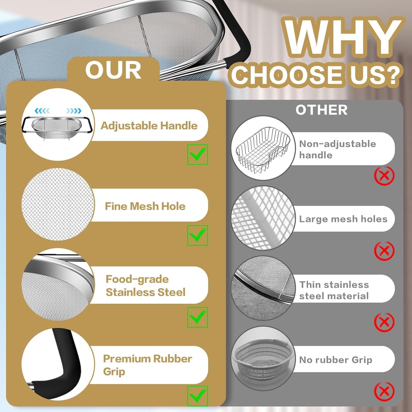 Over the Sink Colander - Strainers and Colanders - Stainless Steel Strainer - Expandable Sink Colander with Rubber Grip for Strain, Drain, Rinse Fruits, Vegetables, Home Kitchen Essentials