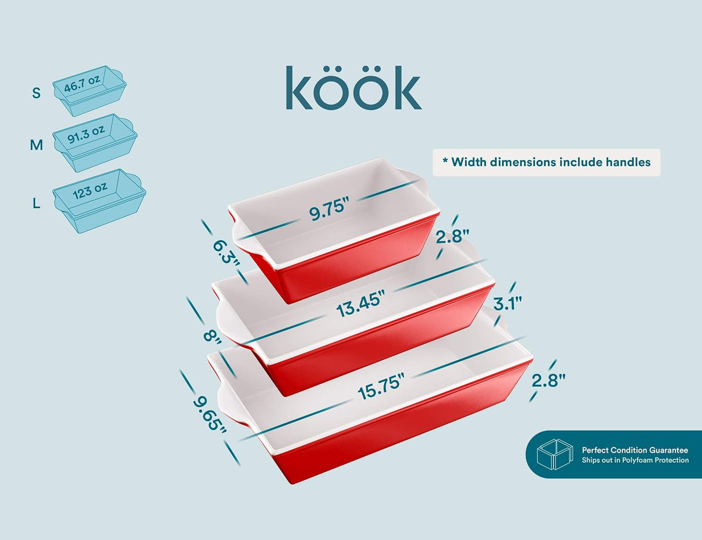 Kook Casserole Dish, Ceramic Baking Dish, Large Lasagna Pan Deep for Oven, 8.5 x 14, 11 x 7, 8 x 5, Set of 3, 92oz, 50oz, 20oz, Baking Pan with Handles, Oven Safe and Durable, Home, Gift, (Cherry Red)