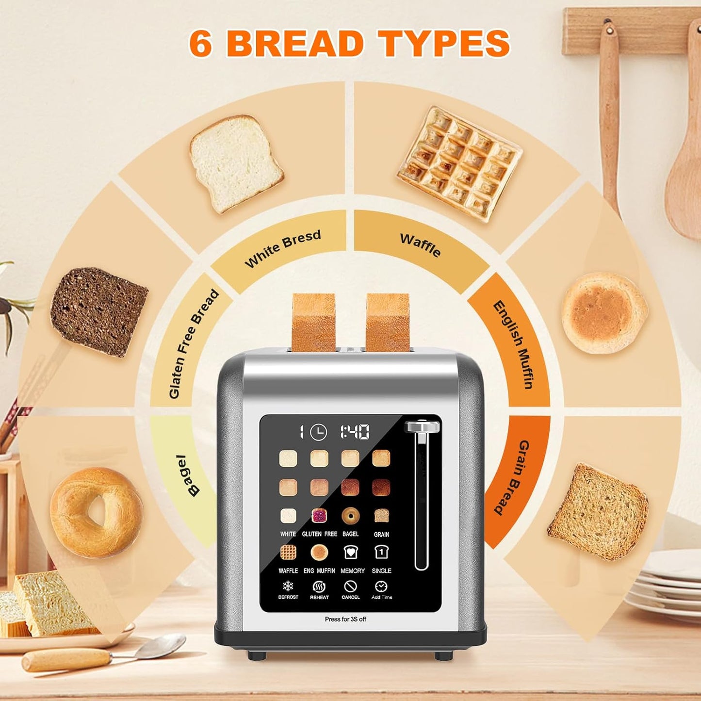 2 Slice Toaster Touch Screen, Stainless Steel Toasters Digital Timer 2 Slot Toasters, 8 Shade Settings 6 Bread Types for Bagel, Cancel, Defrost (Grey）