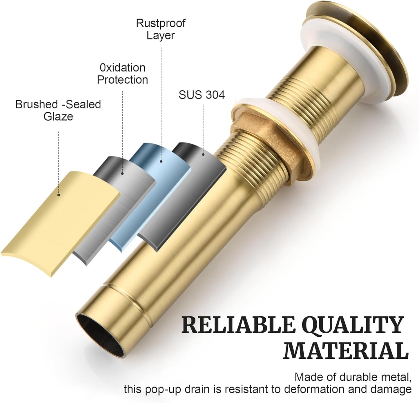 Pop up Sink Drain Stopper Without Overflow Brushed Gold for Bathroom Vessel Vanity Sink Art Basin, Big Cap Sink Drain Without Overflow, Metal Pop-up Drain Strainer with Detachable Basket Stopper