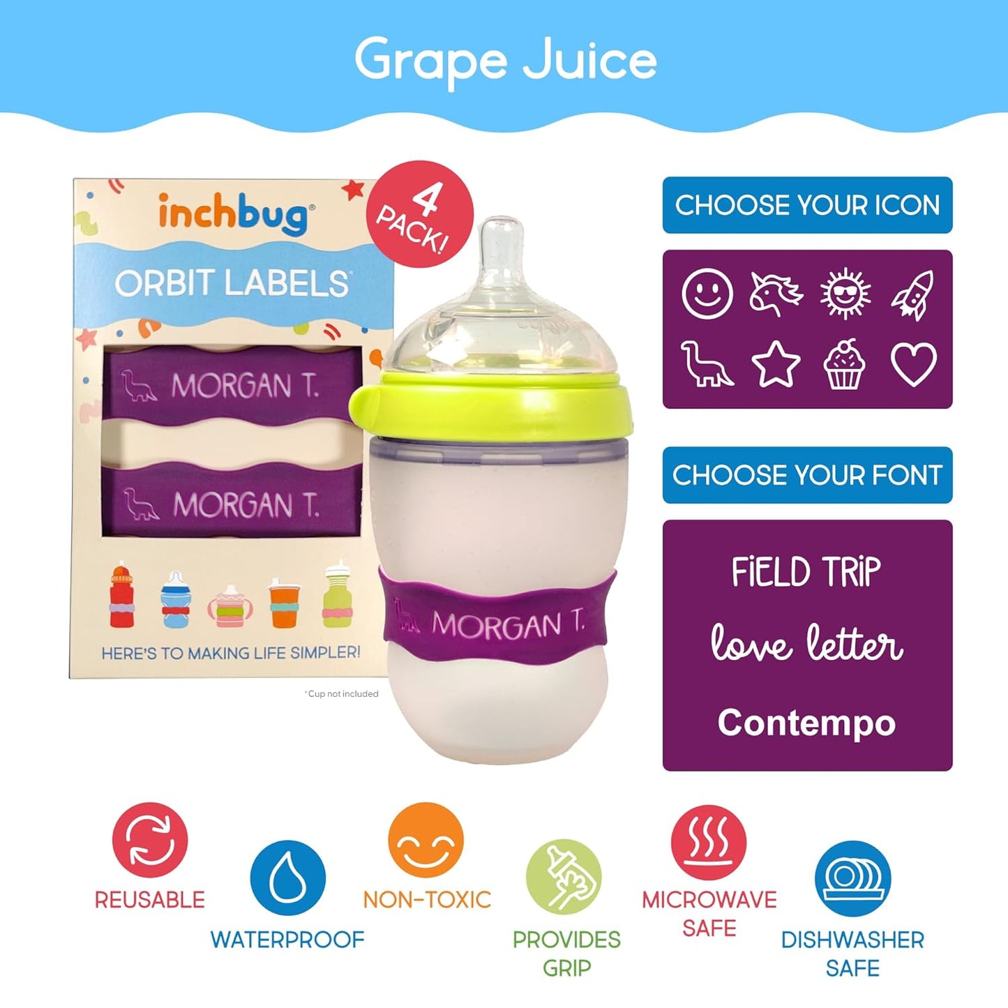 InchBug Orbit Labels - Baby Bottle Name Labels for Daycare, Sippy Cup Bands - Engraved Silicone, Reusable, Dishwasher Safe, White Contrasting Personalization, 4-Pack (Grape Juice)