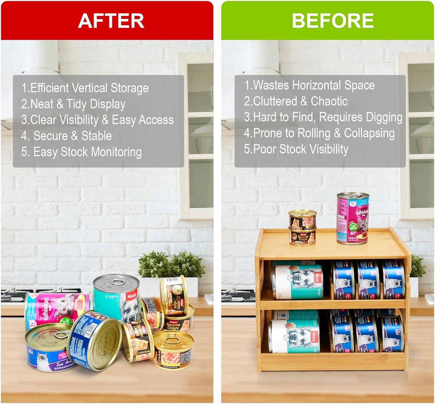 Bamboo Can Organizer for Pantry, 2 Tier Bamboo Pantry Organizer for Kitchen Counter, Cat Food Storage Holds Up to 36 Cans, Can Rack Organizer for Human and Pet Food Cans, FIFO Design