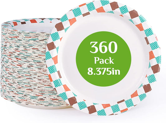 FOCUSLINE 360pack Paper Plates 8.375 Inch, Disposable Paper Plate Bulk 360 Count, Soak-Proof & Cut-Proof Bulk Plate for Parties, Picnic and Family Gatherings.