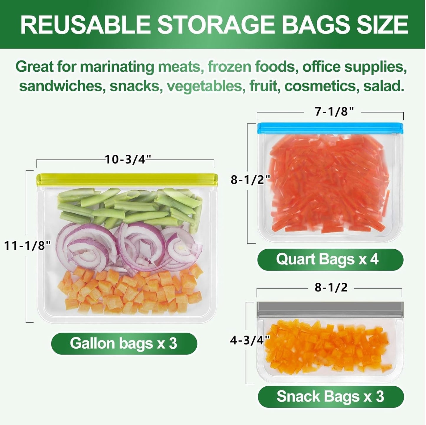 Reusable Freezer Bags Dishwasher Safe - 10 Pack Reusable Bags BPA Free Leakproof, Food Storage Bags for Marinating, Travel, Meal Prep (3 Gallon + 4 Sandwich + 3 Snack Sizes)