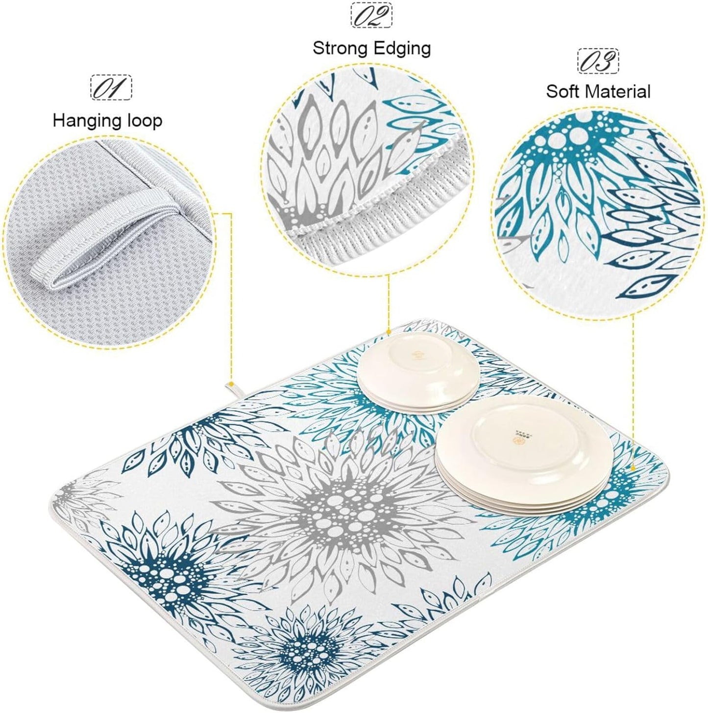 Abstract Flowers Sunflowers Dish Drying Mat for Kitchen Counter Absorbent Microfiber Drying Pad, Medium 16x18 in, Blue White Reversible Drainer Mats