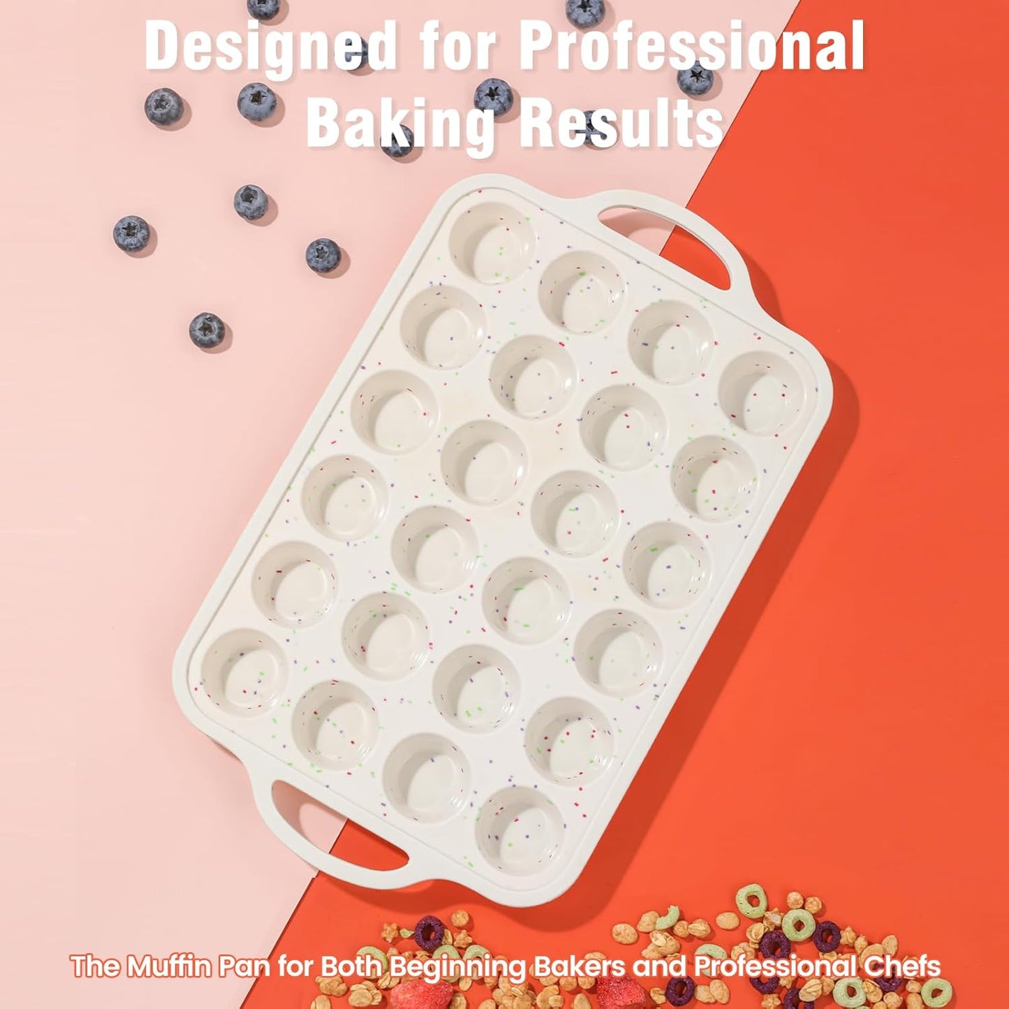 Muffin Pans With Metal Reinforced Frame - 24 Cups Durable Silicone Baking Pan for Muffins, Cupcakes, BPA Free and Dishwasher Safe - Beige with Rainbow Spots, Set of 2