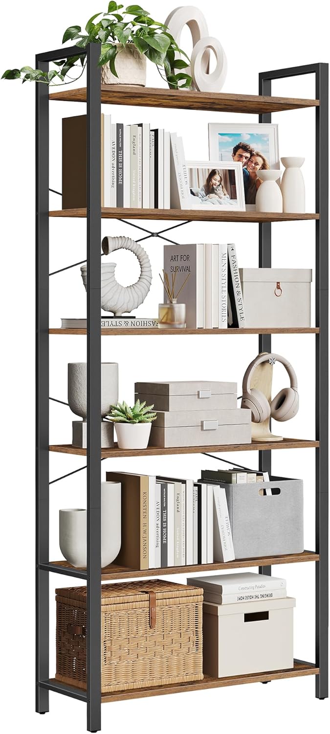 VASAGLE 6-Tier Bookshelf, Bookcase with Steel Frame, Book Shelf for Living Room, Home Office, Study, 11.8 x 31.5 x 73.2 Inches, Industrial Style, Rustic Brown and Ink Black ULLS082B01
