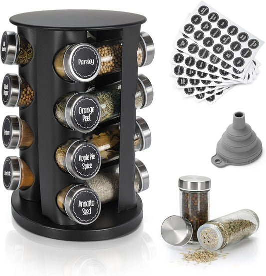 Black Countertop Rotating Spice Rack, 16-Jars Revolving Spice Rack Organizer Tower, 135 Spice Labels with Funnel Complete Set, Seasoning Organizer for Kitchen Countertop, Cabinet