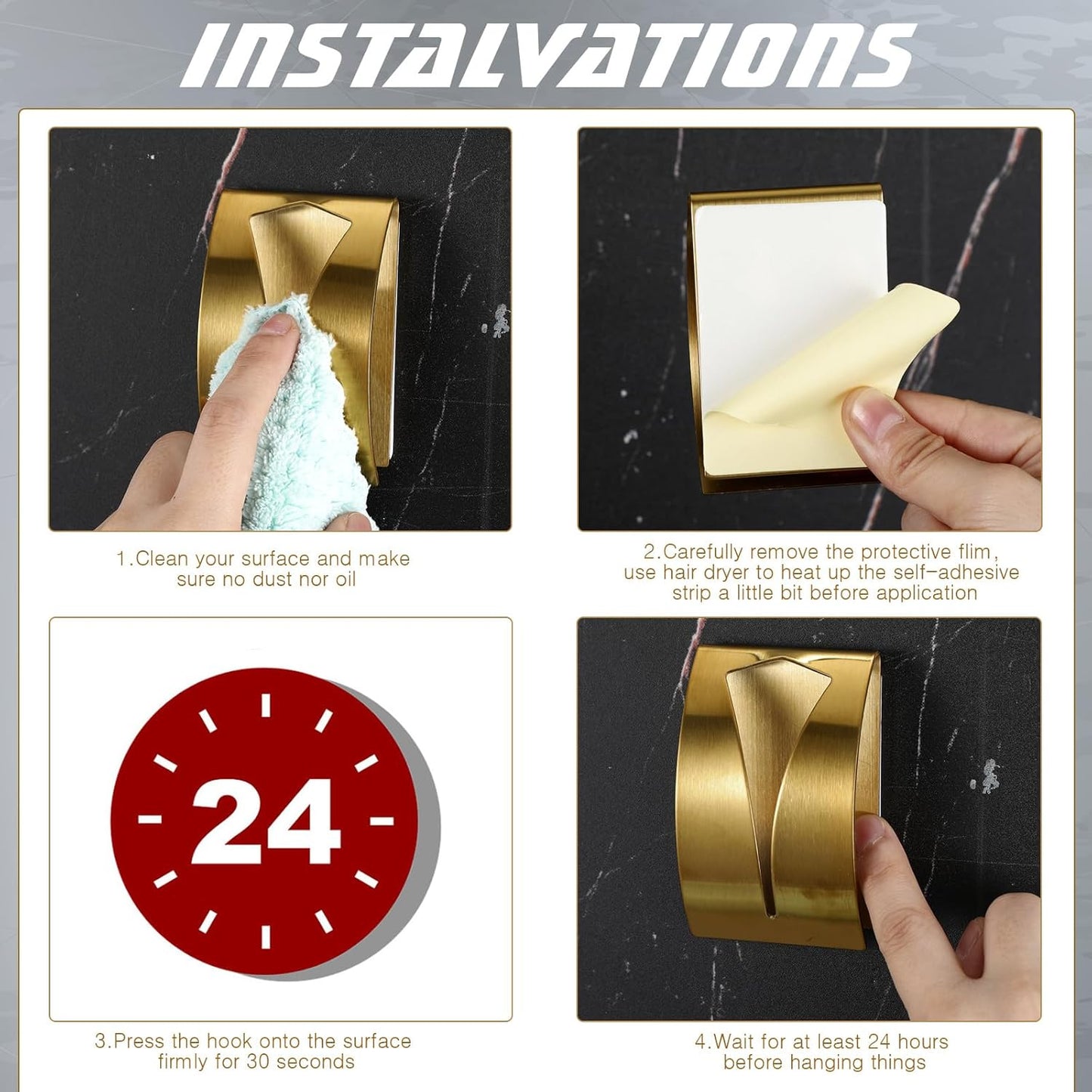 Boao 4 Pcs Self Adhesive Towel Hook Holder Grabber Stainless Steel Kitchen Dish Towel Hook Wall Mount Non Drilling Hangers Rack Hand Tea Holders for Bathroom Accesories Kitchen Gadgets(Gold)