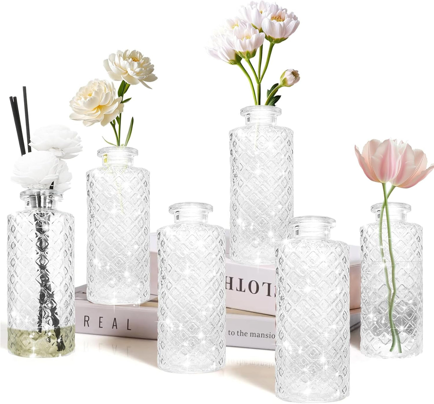 Glass Flower Vase, Aromatherapy Bottle, Small Vase, 6 Sets, Simple, Centerpieces for Table, White Transparent, for Home Decoration, Anniversary, Wedding