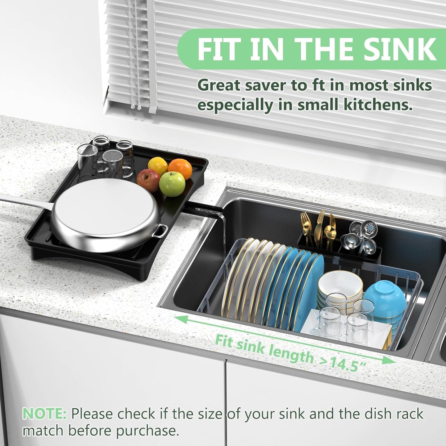 LEMIKKLE Sink Dish Drying Rack - Expandable Small Dish Rack Over Sinks with Drying Tray, Dish Drainer for Kitchen Counter with Cutlery Holder, Drying Rack Fit for 14’’-19’’ Kitchen Sink