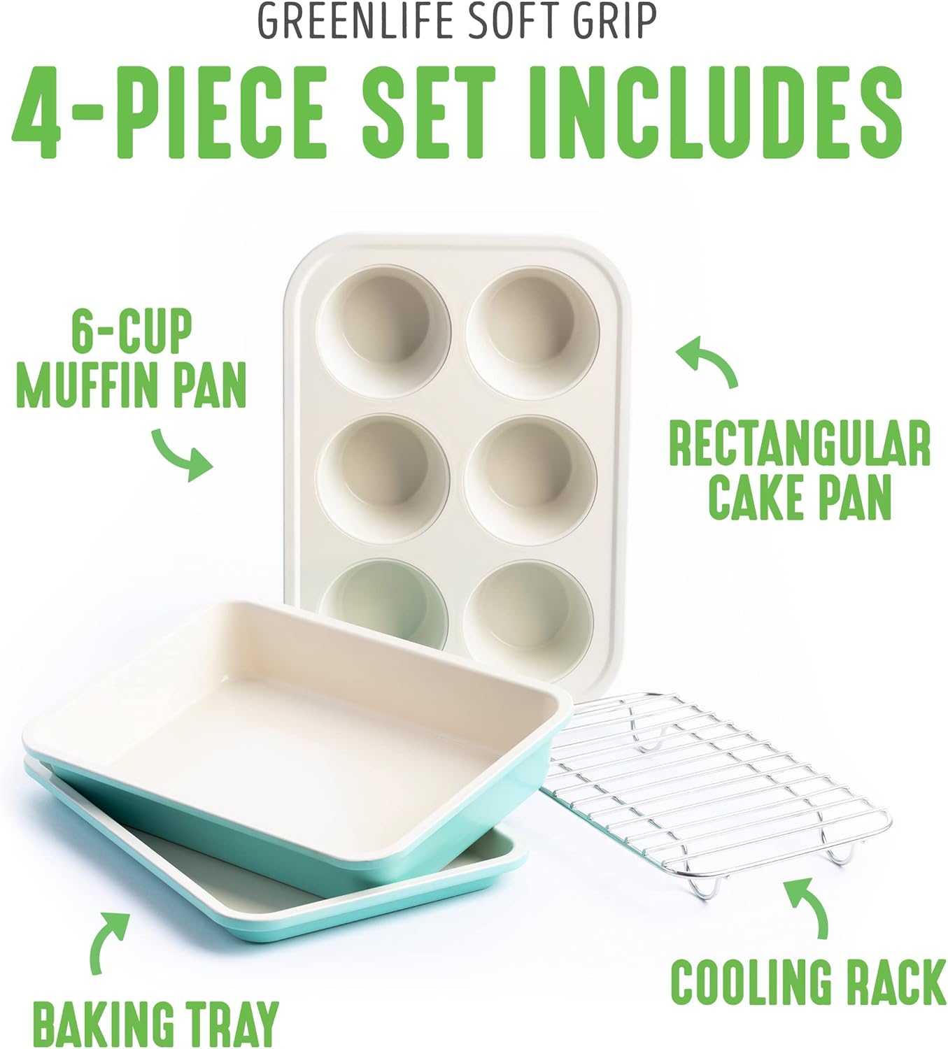 GreenLife Bakeware Healthy Ceramic Nonstick, 4 Piece Toaster Oven Baking Set with Cookie Sheet Muffin and Cake Pan, PFAS-Free, Turquoise