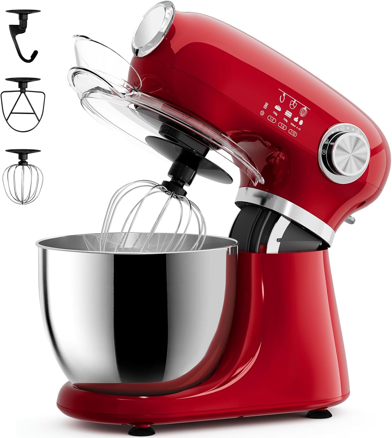 Cowsar Stand Mixer, 12 Speeds Tilt-Head Electric Commercial Stand Mixer, 3-In-1 Kitchen Mixer with Bowl, Dough Hook, Whisk and Beater, Red