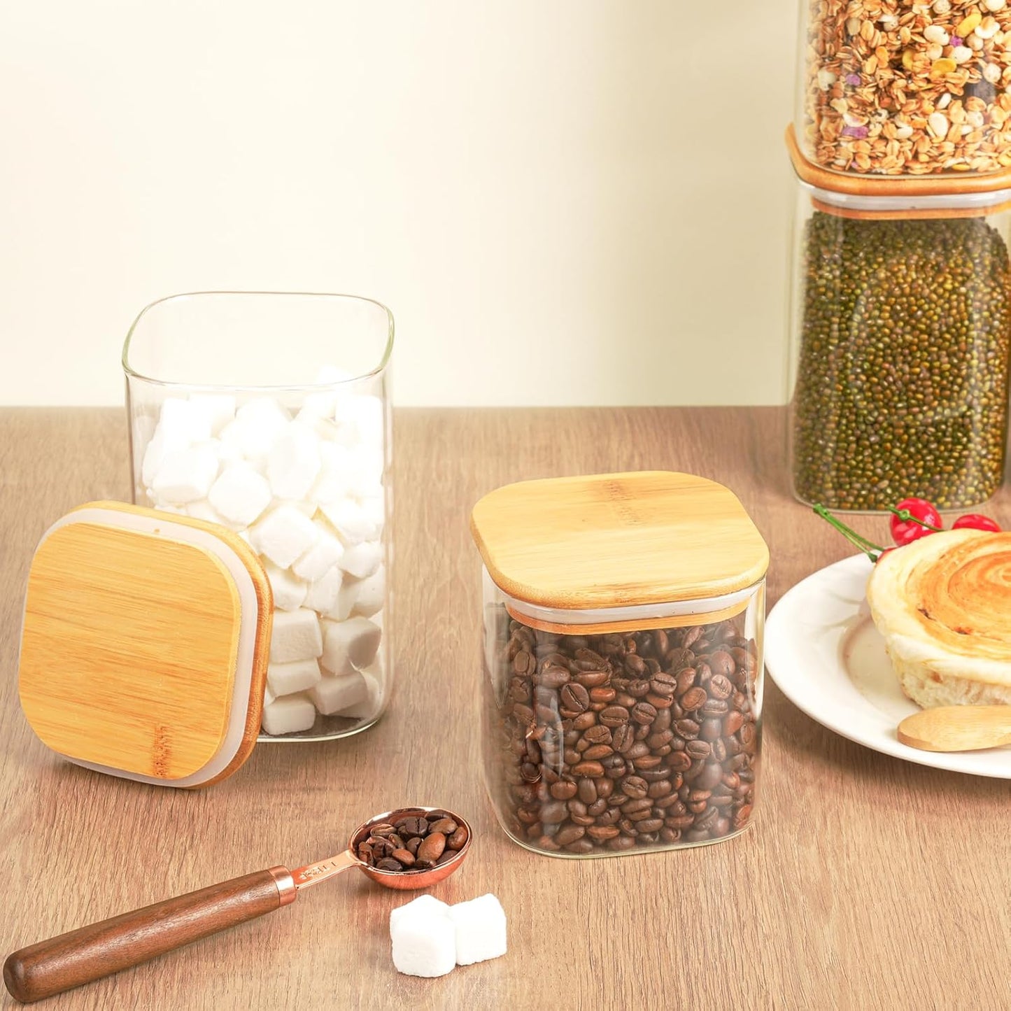 5 Set Glass Jars with Bamboo Lids, Square Food Storage Containers, Glass Pantry Storage Containers with Lids for Pasta, Cereal, Flour, Sugar