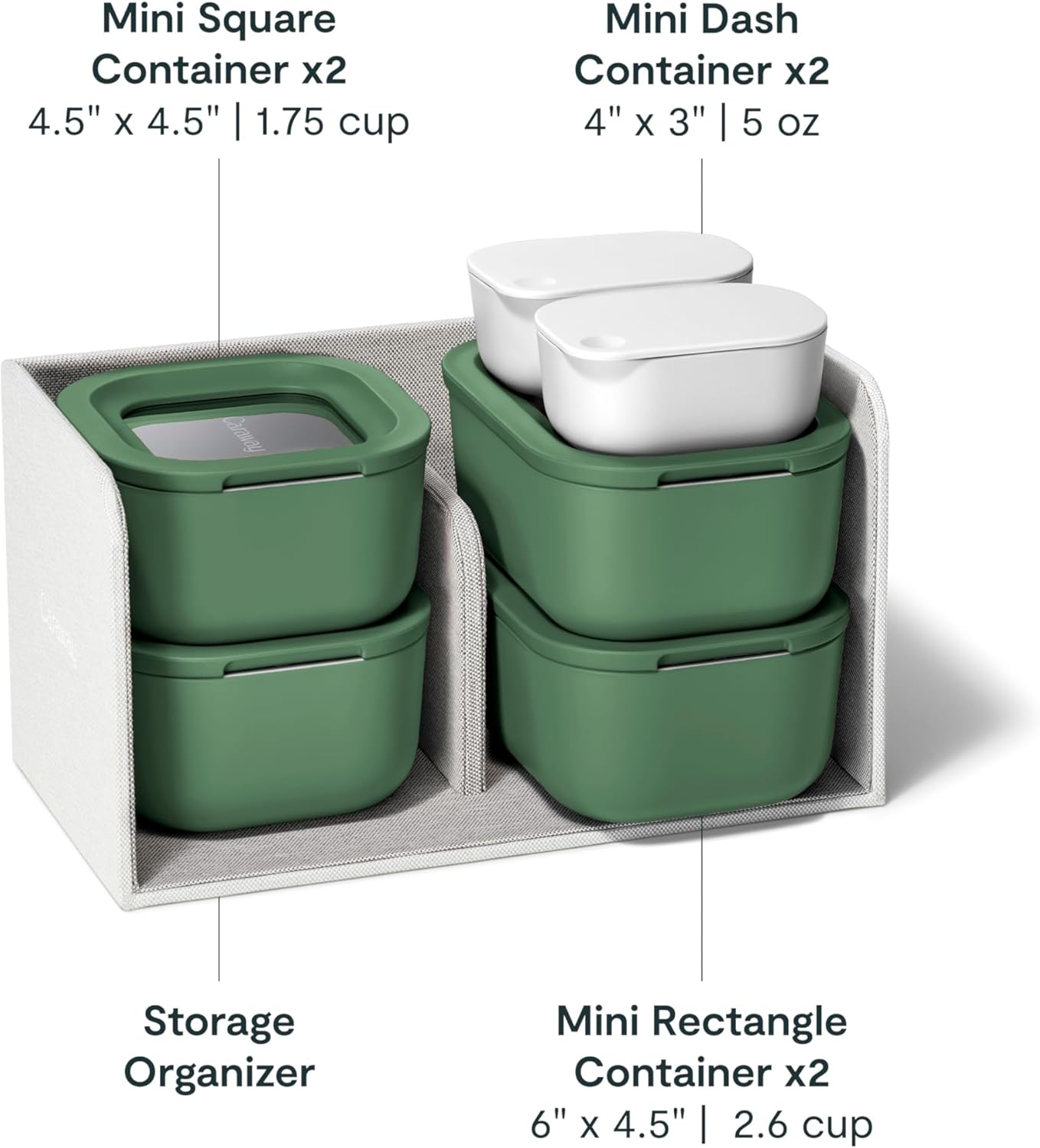 Caraway Mini Food Storage 11pc Set - Glass Storage Containers for Food - Non-Toxic Ceramic-Coated Glass - Air Release Technology - Compact & Stackable Design - Sage