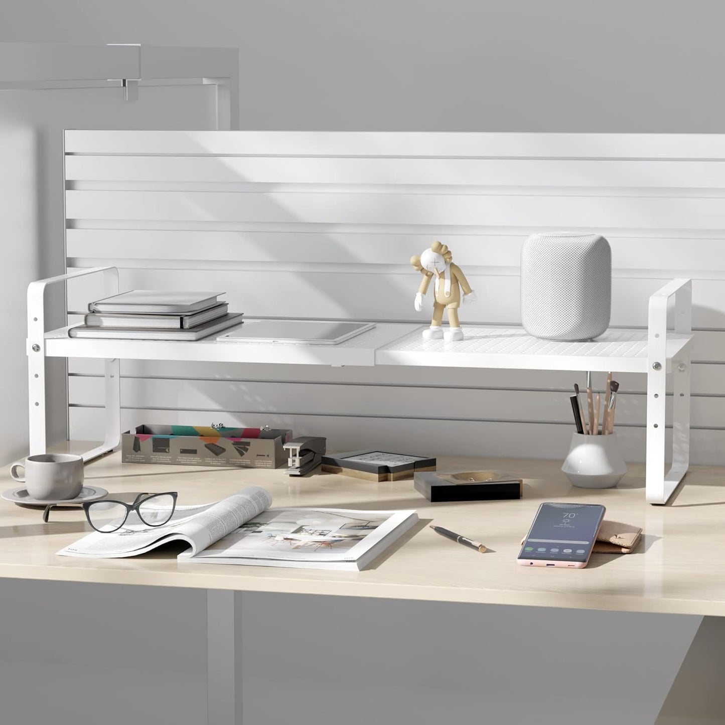 Expandable Cabinet Shelf Organizer Adjustable Metal Spice Rack Stackable Freestanding Counter Storage Shelves for Kitchen Cabinet Under Sink Office Desk (White - 1Pack - L16.5-27'' * W10.2'' * H9.6'')